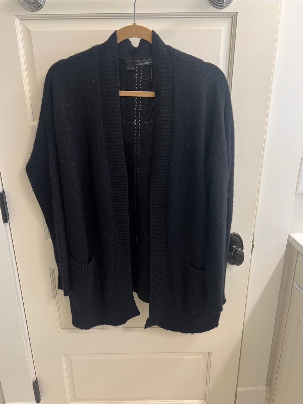 360 Cashmere Black Open-Front Pocket Cardigan Sweater